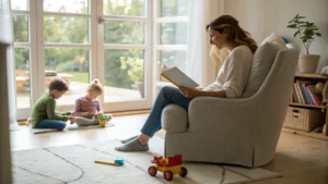 Working Mom mit Kleinkindern im Wohnzimmer.